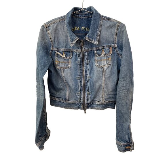 Ezra Fitch Full Zip Cropped Denim Jacket Size Large Medium Wash Retro Old School - Picture 1 of 7